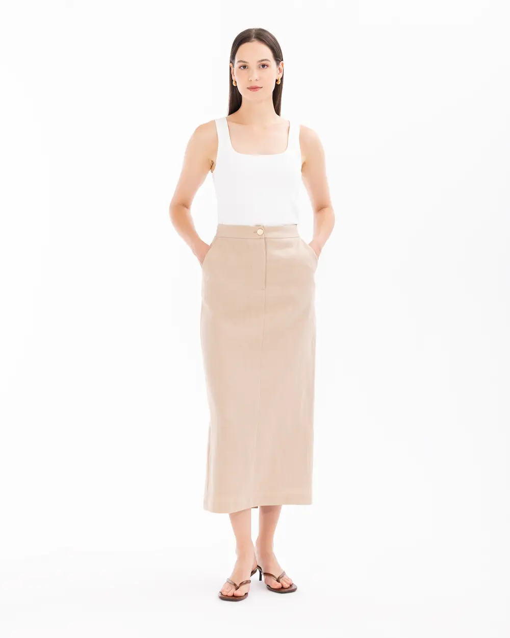 Midi Length Linen Skirt with Pockets