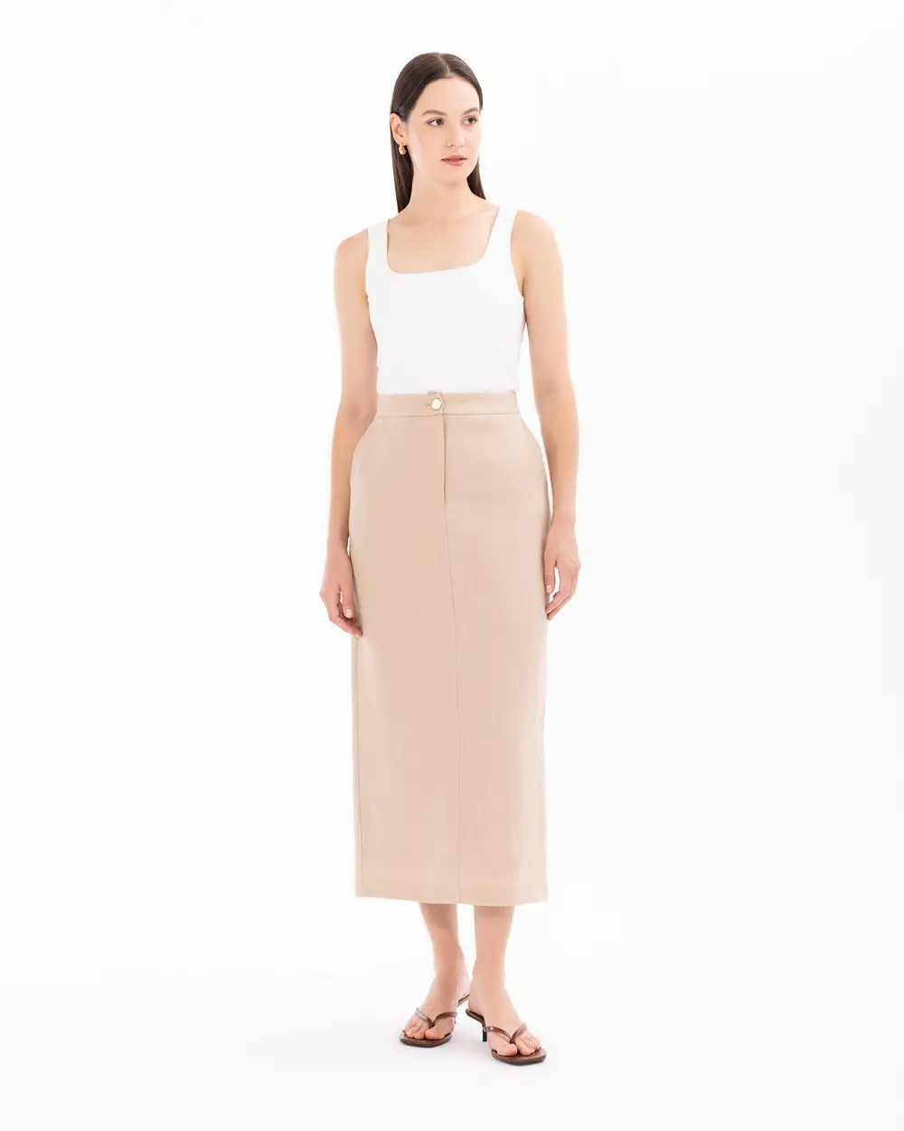 Midi Length Linen Skirt with Pockets