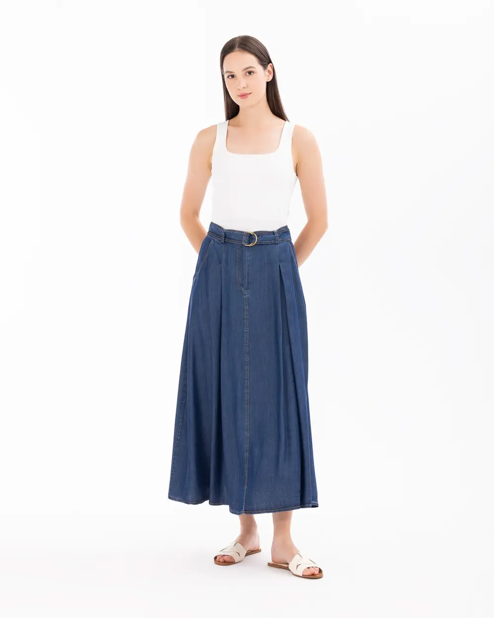 Midi Length Jean Skirt with Pockets
