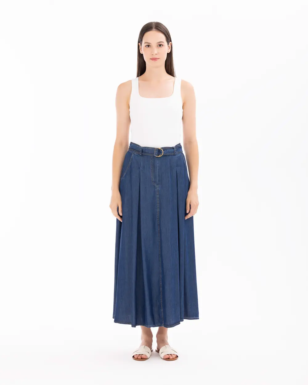 Midi Length Jean Skirt with Pockets