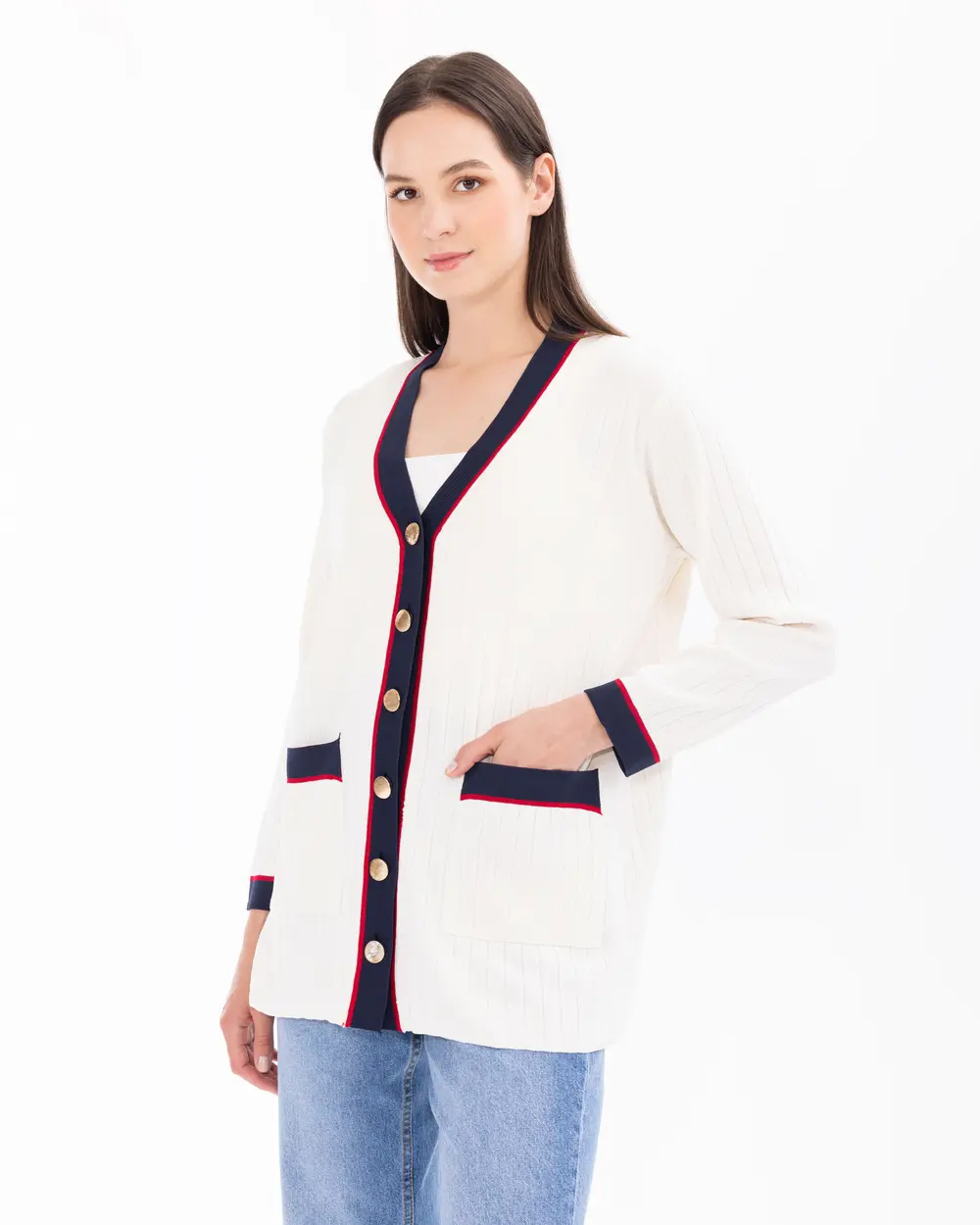 V-Neck Buttoned Pocket Detailed Sweater Cardigan