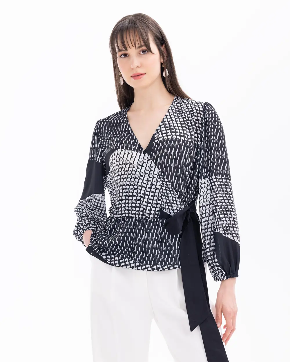 Geometric Patterned Drawstring Blouse