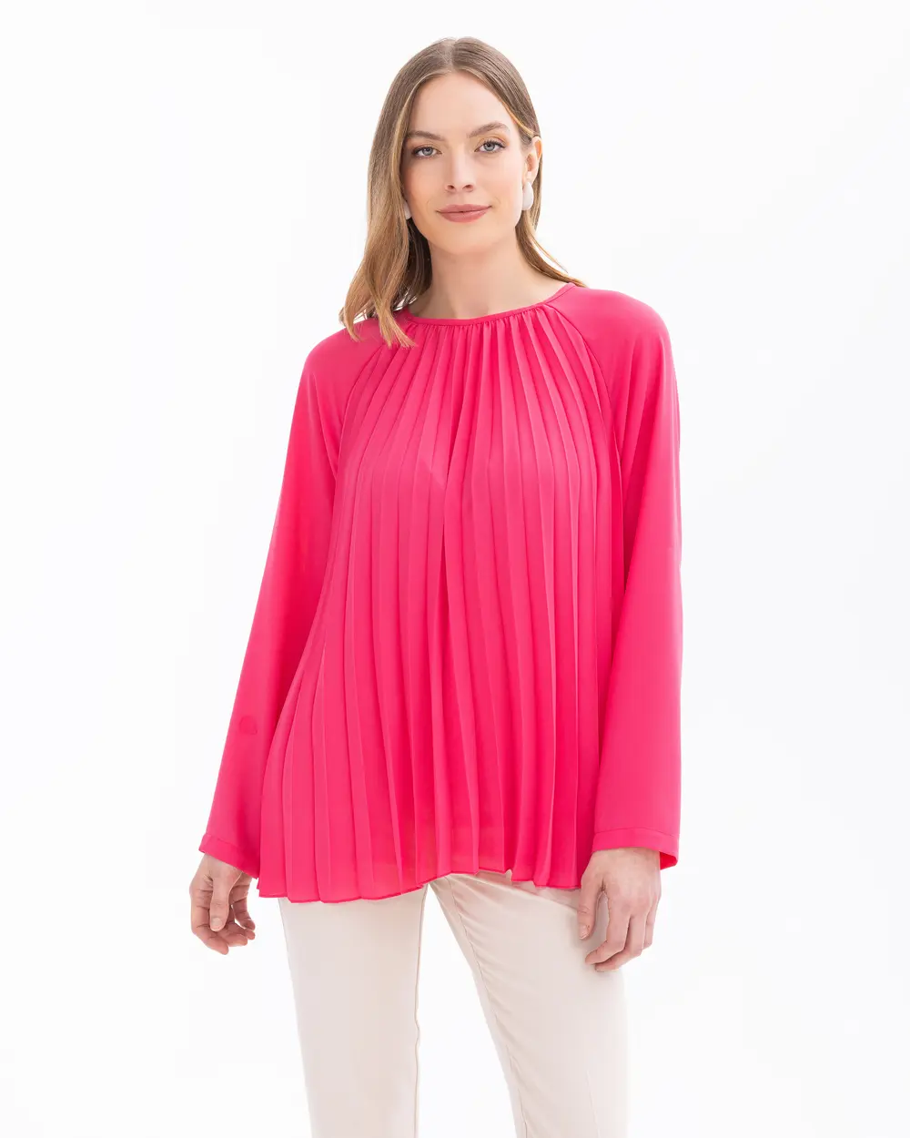 Round Neck Pleated Long Sleeve Blouse