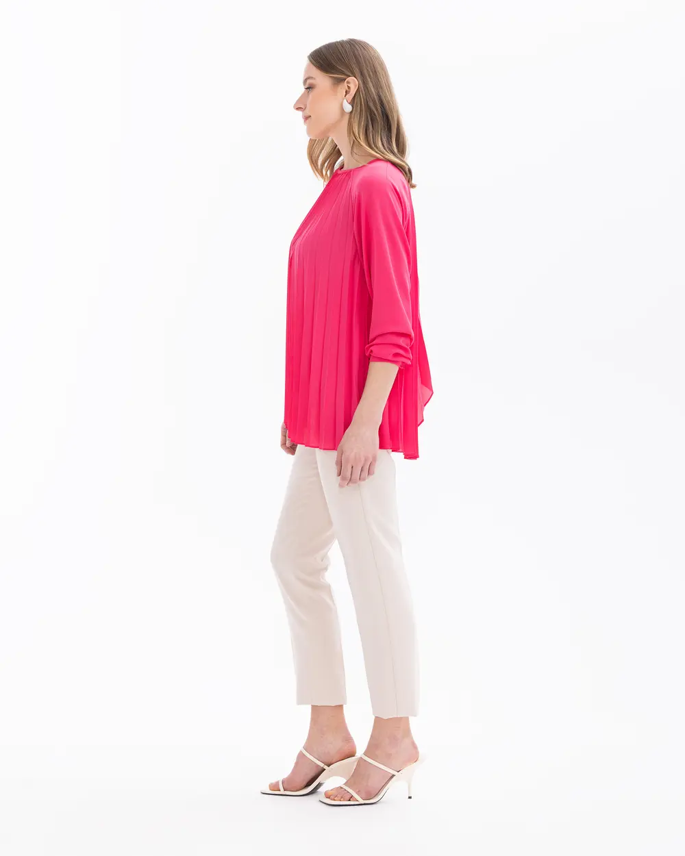 Round Neck Pleated Long Sleeve Blouse