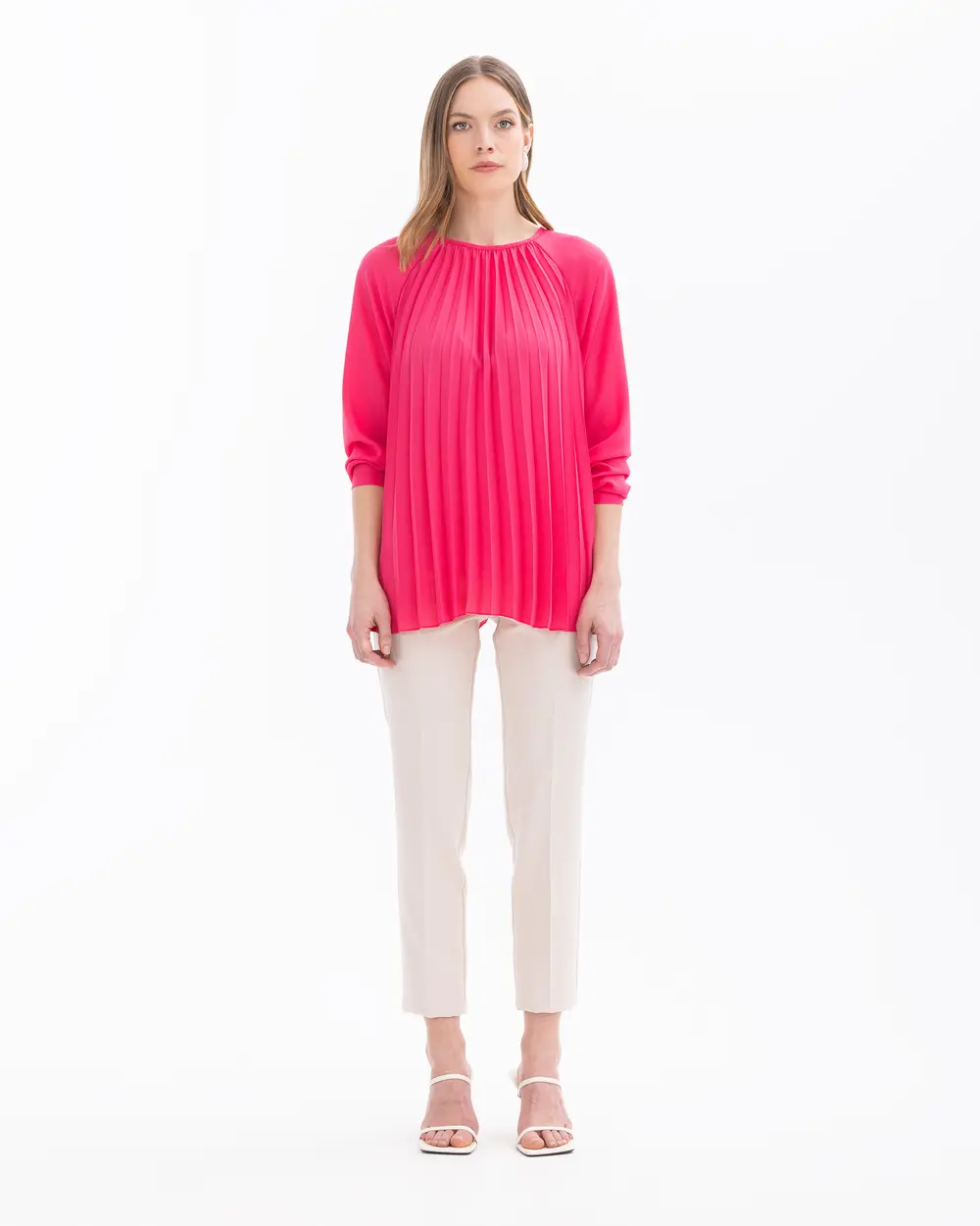 Round Neck Pleated Long Sleeve Blouse