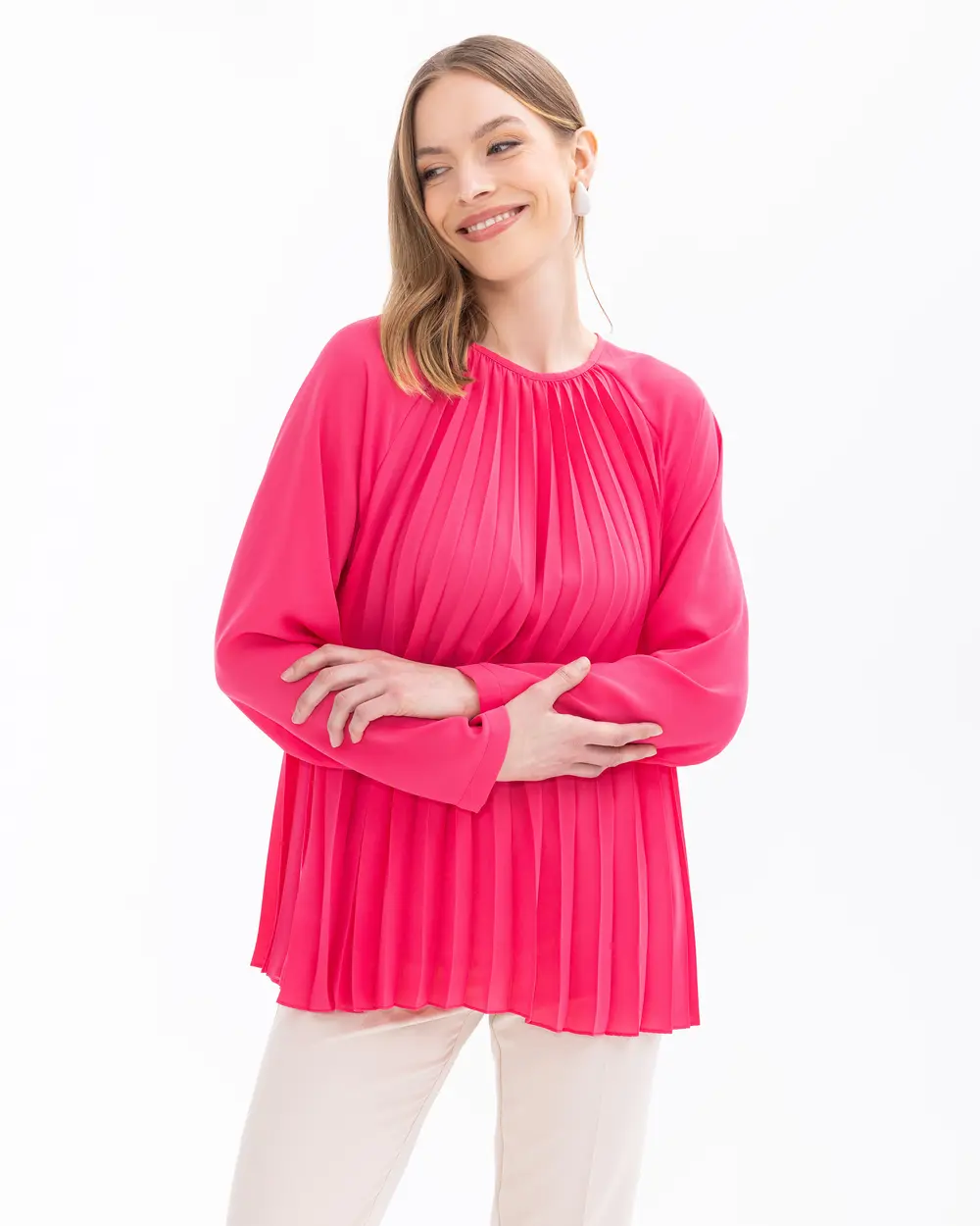 Round Neck Pleated Long Sleeve Blouse