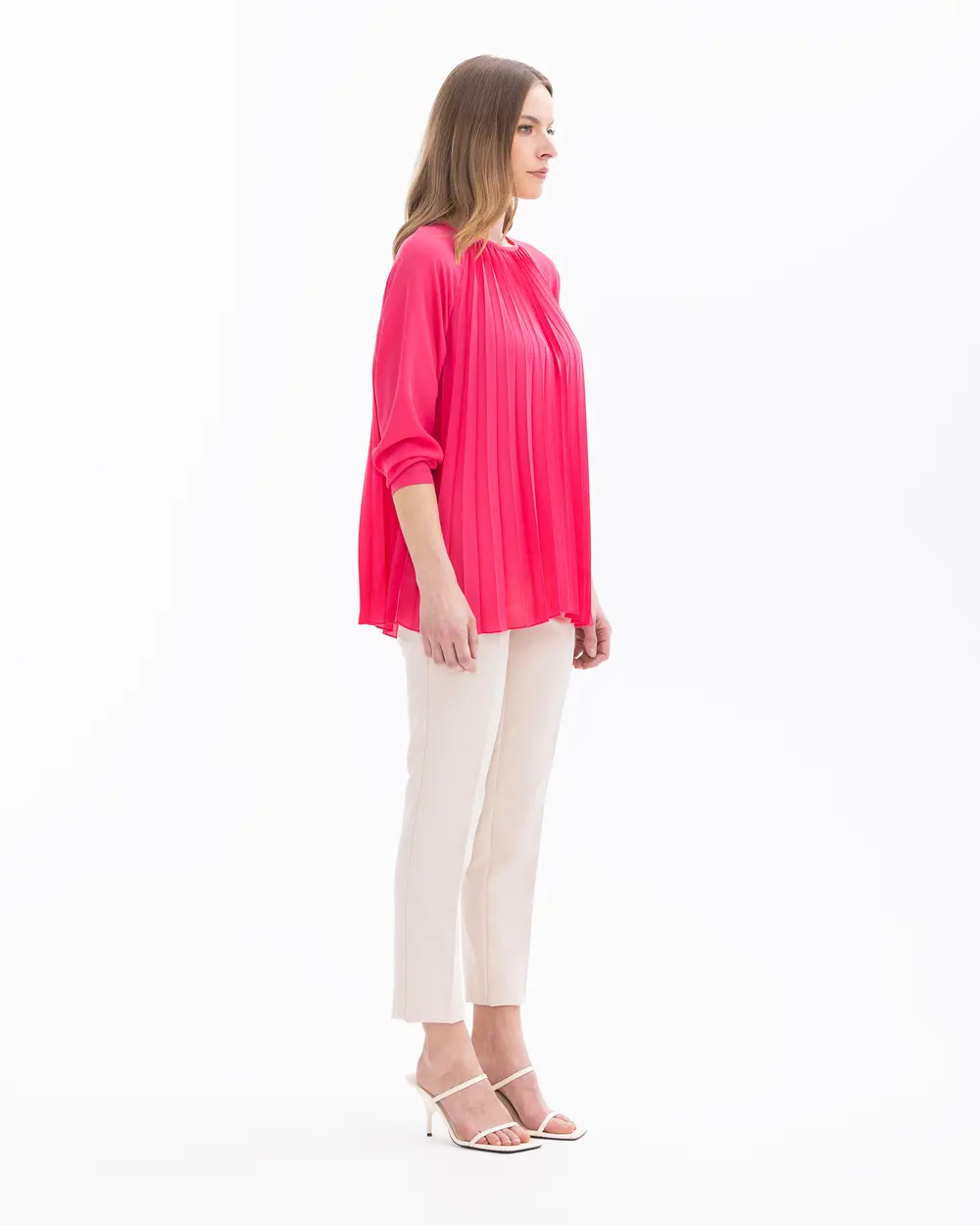 Round Neck Pleated Long Sleeve Blouse