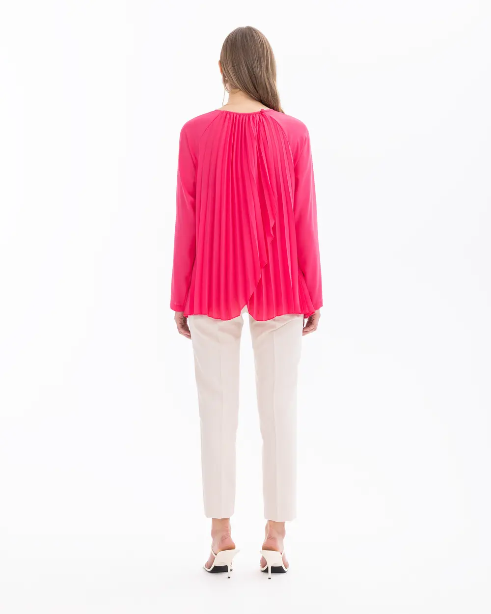 Round Neck Pleated Long Sleeve Blouse