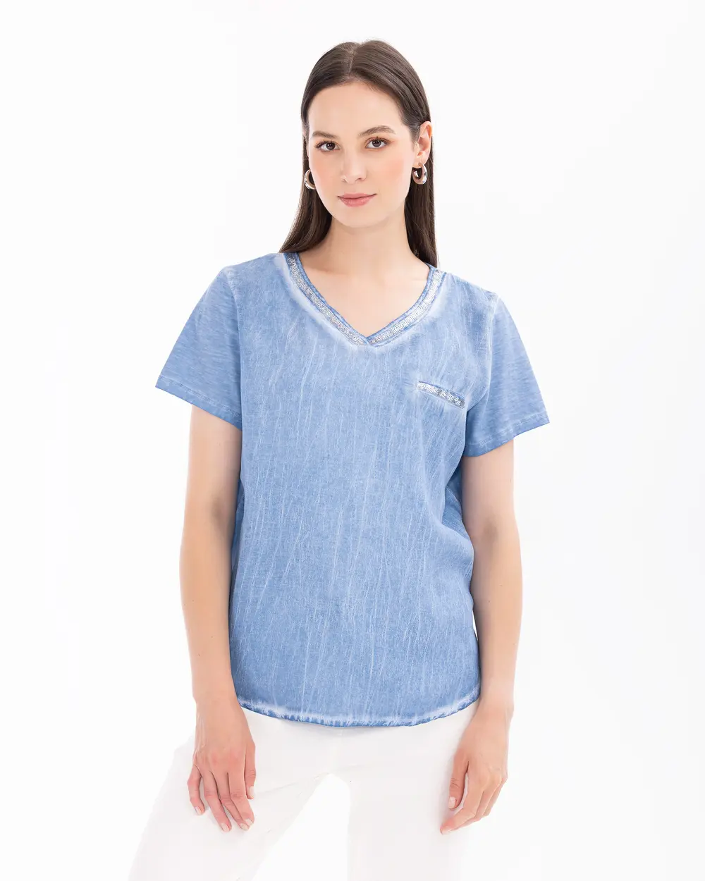 V Neck Short Sleeve Blouse