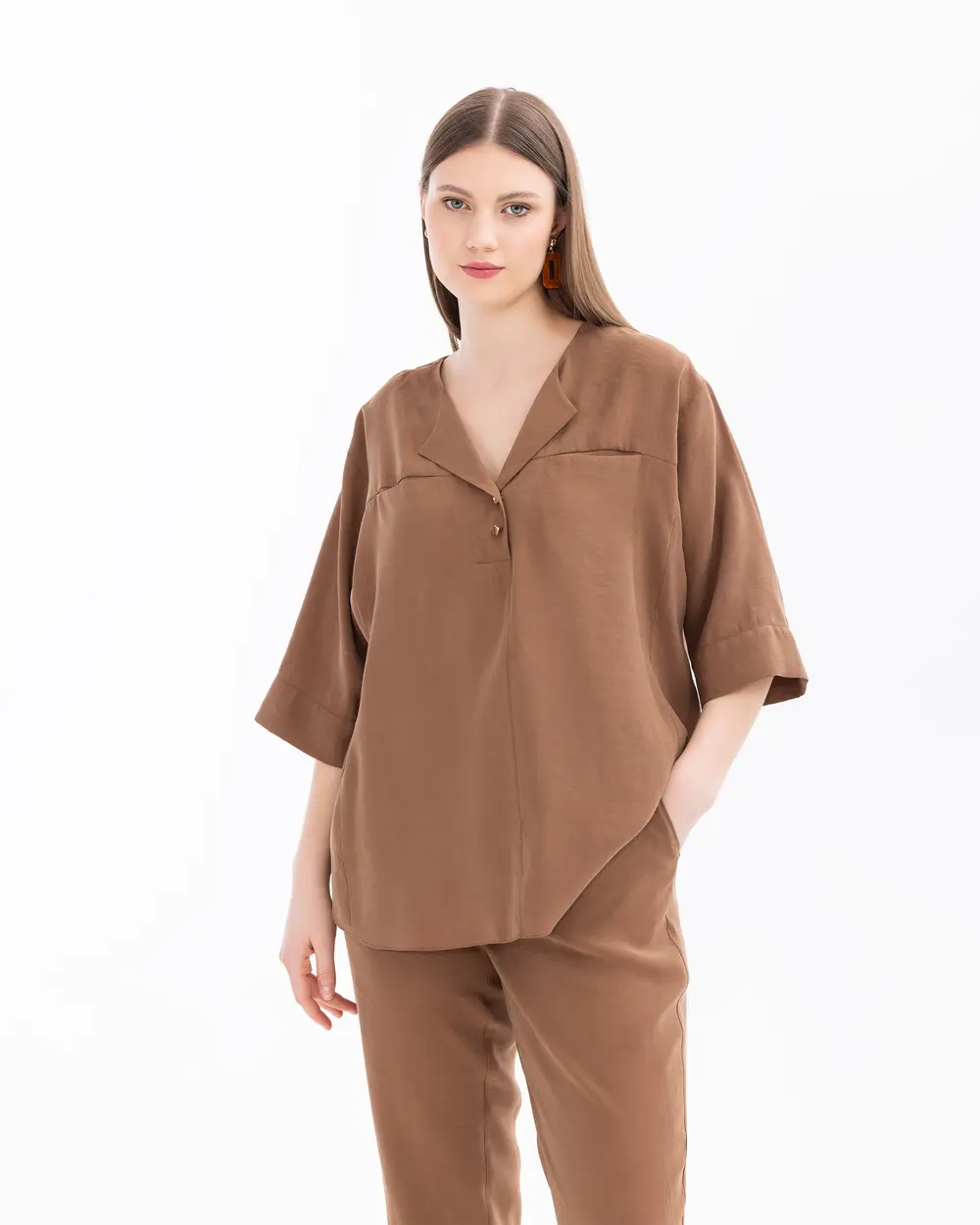 Plus Size Trouser Sleeve Button Detailed Blouse