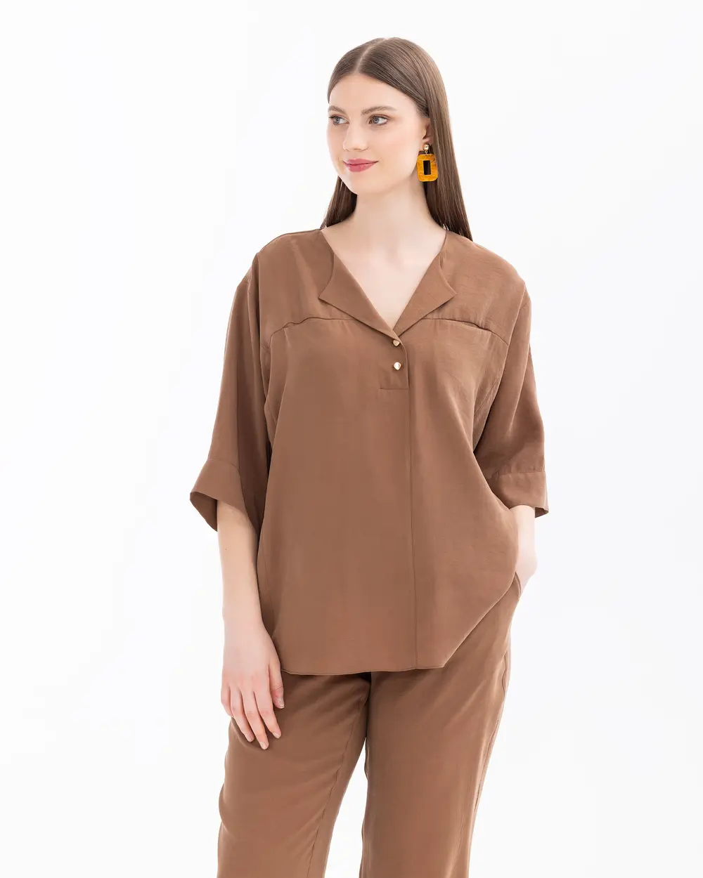 Plus Size Trouser Sleeve Button Detailed Blouse