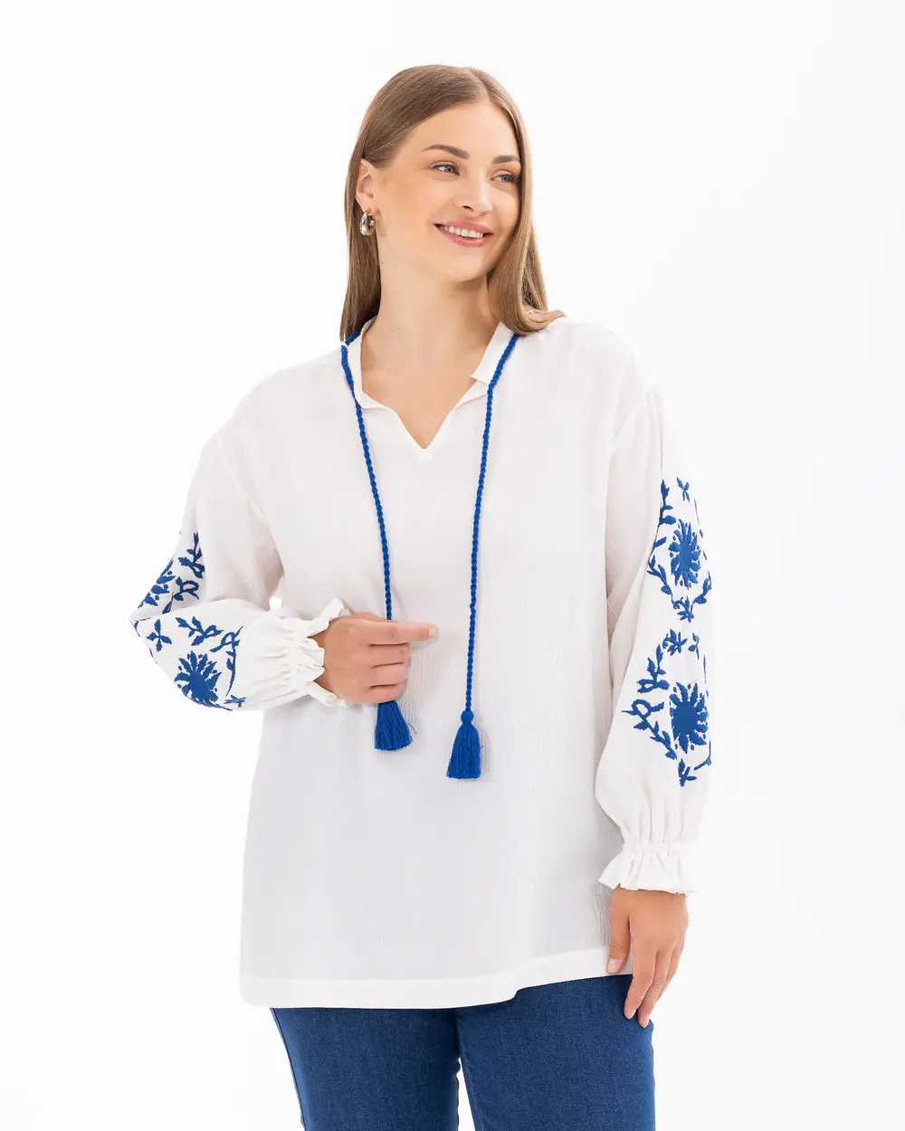 Plus Size Collar Detailed Long Sleeve Blouse