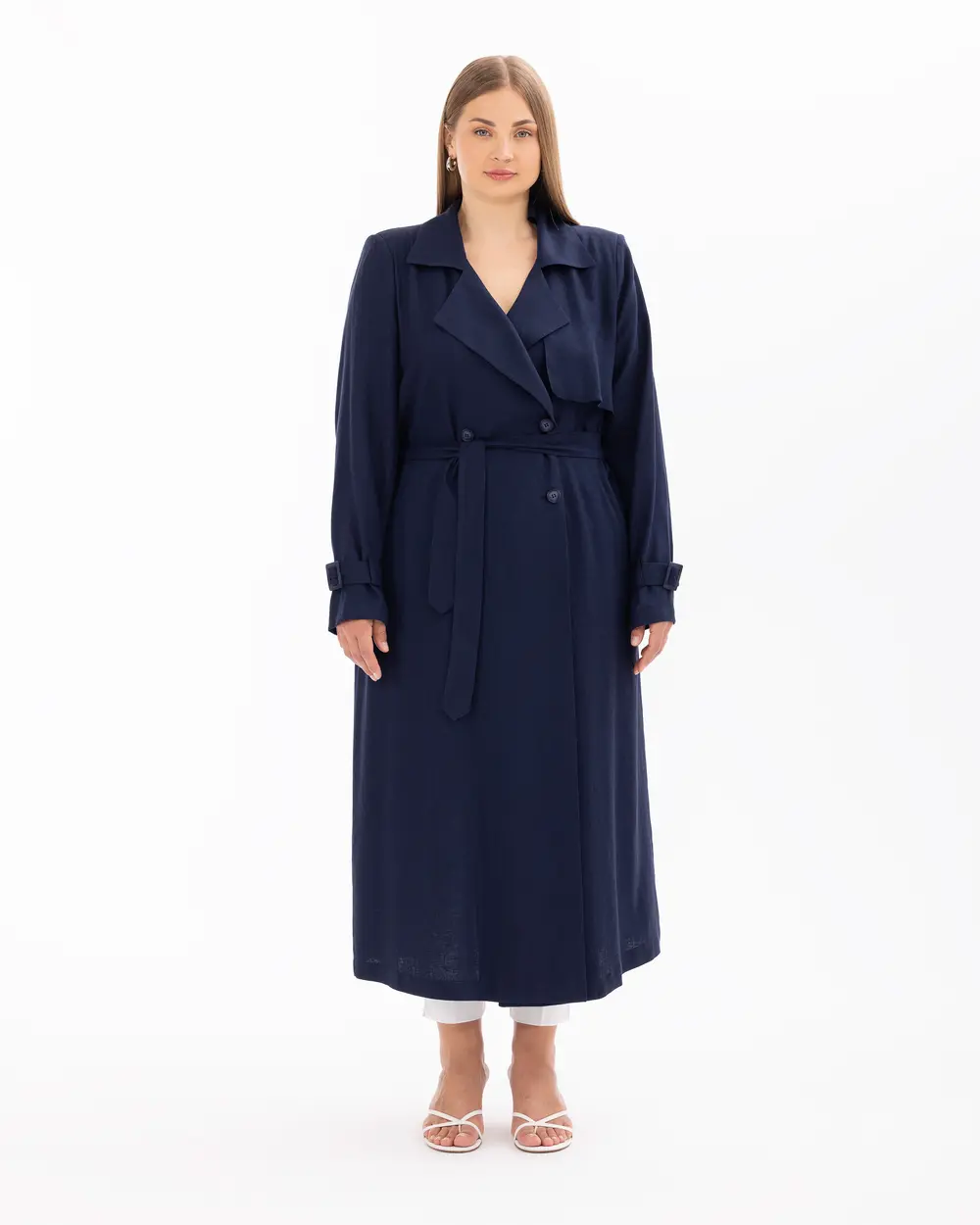 Plus Size Buttoned Linen Overcoat