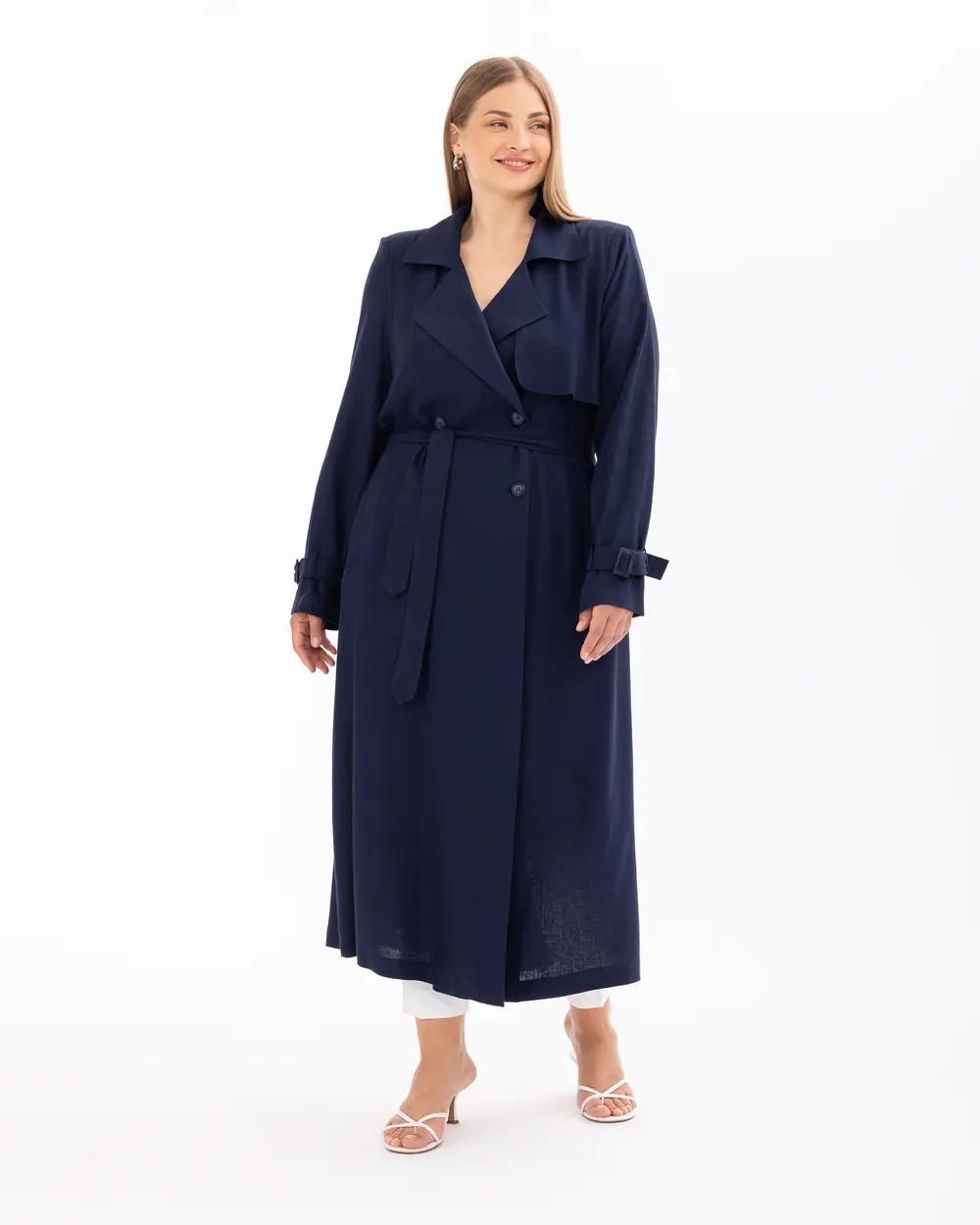 Plus Size Buttoned Linen Overcoat