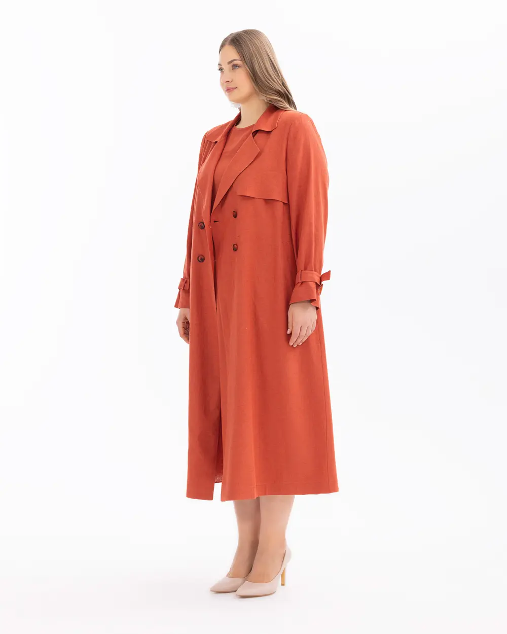 Plus Size Buttoned Linen Overcoat