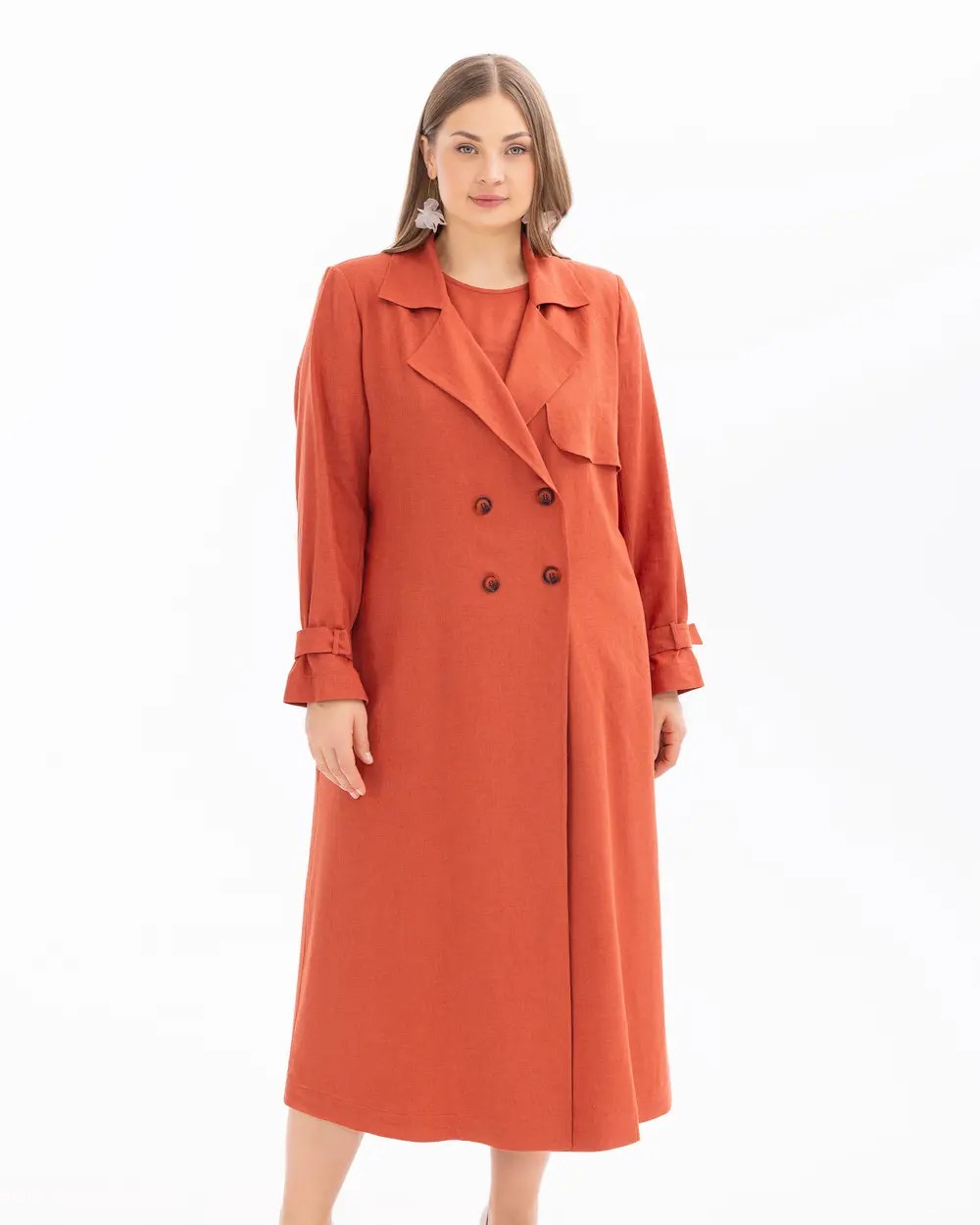 Plus Size Buttoned Linen Overcoat