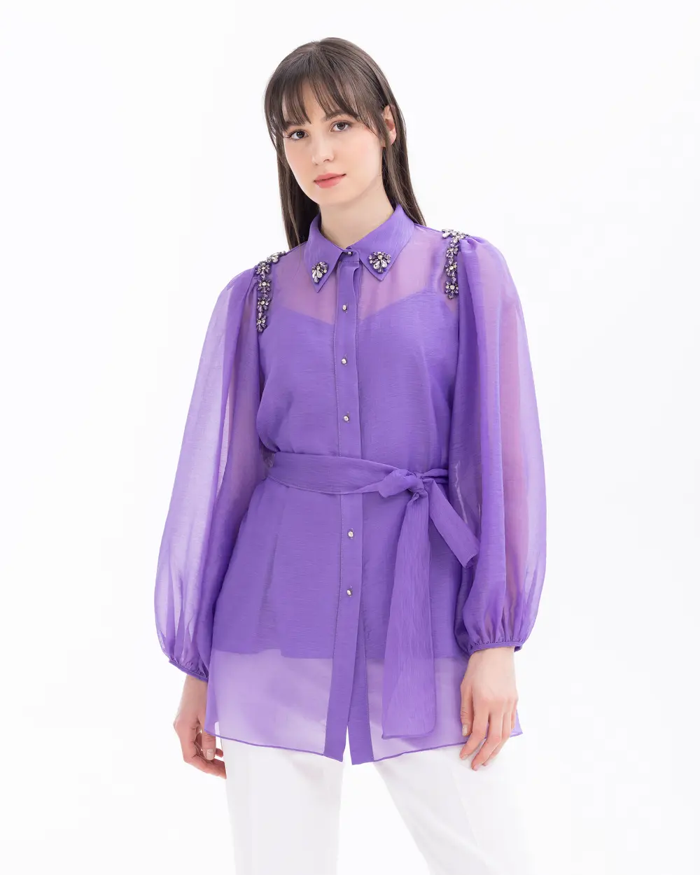 Stone Detailed Shirt with Inner Blouse