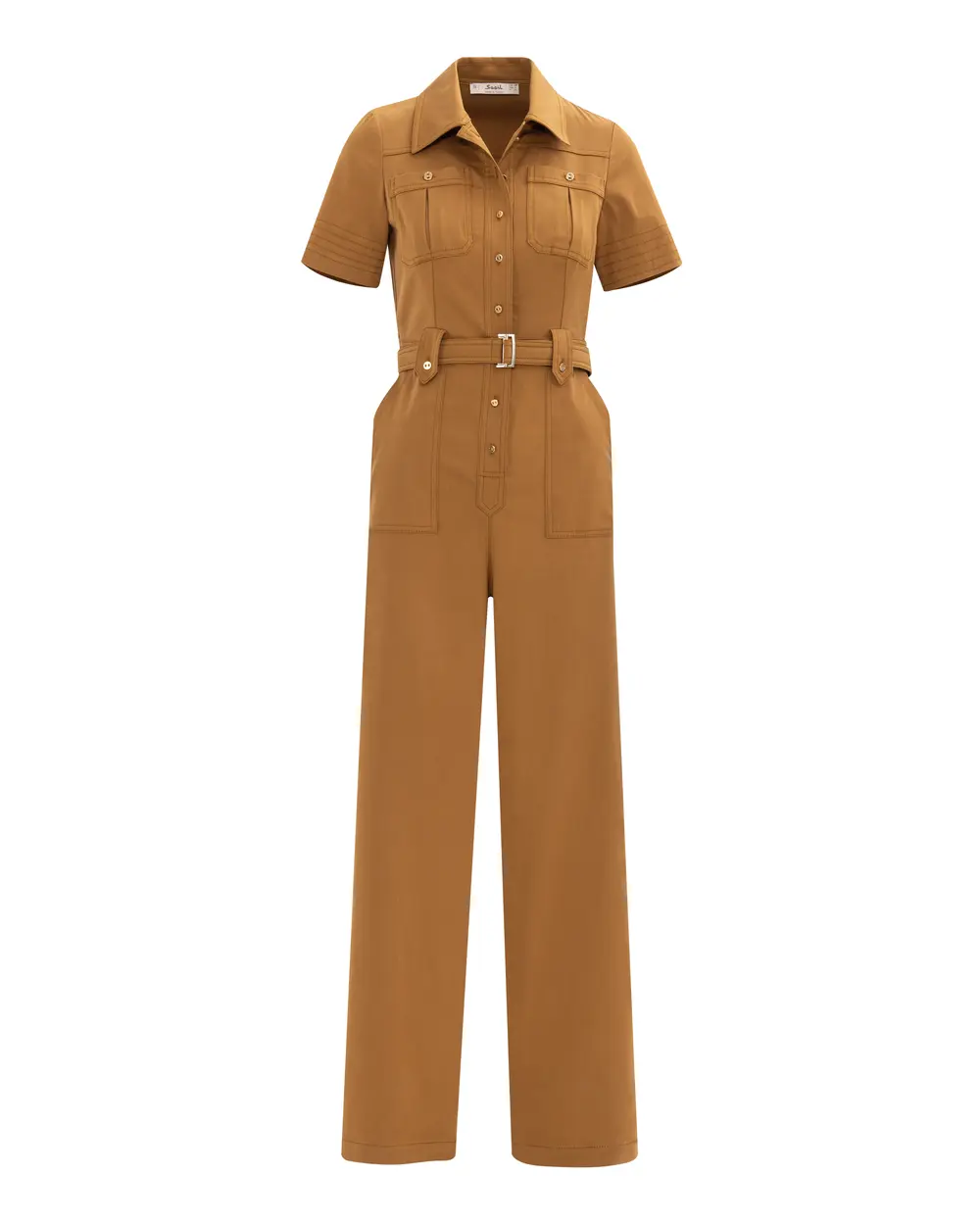 Shirt Collar Short Sleeve Belted Jumpsuit