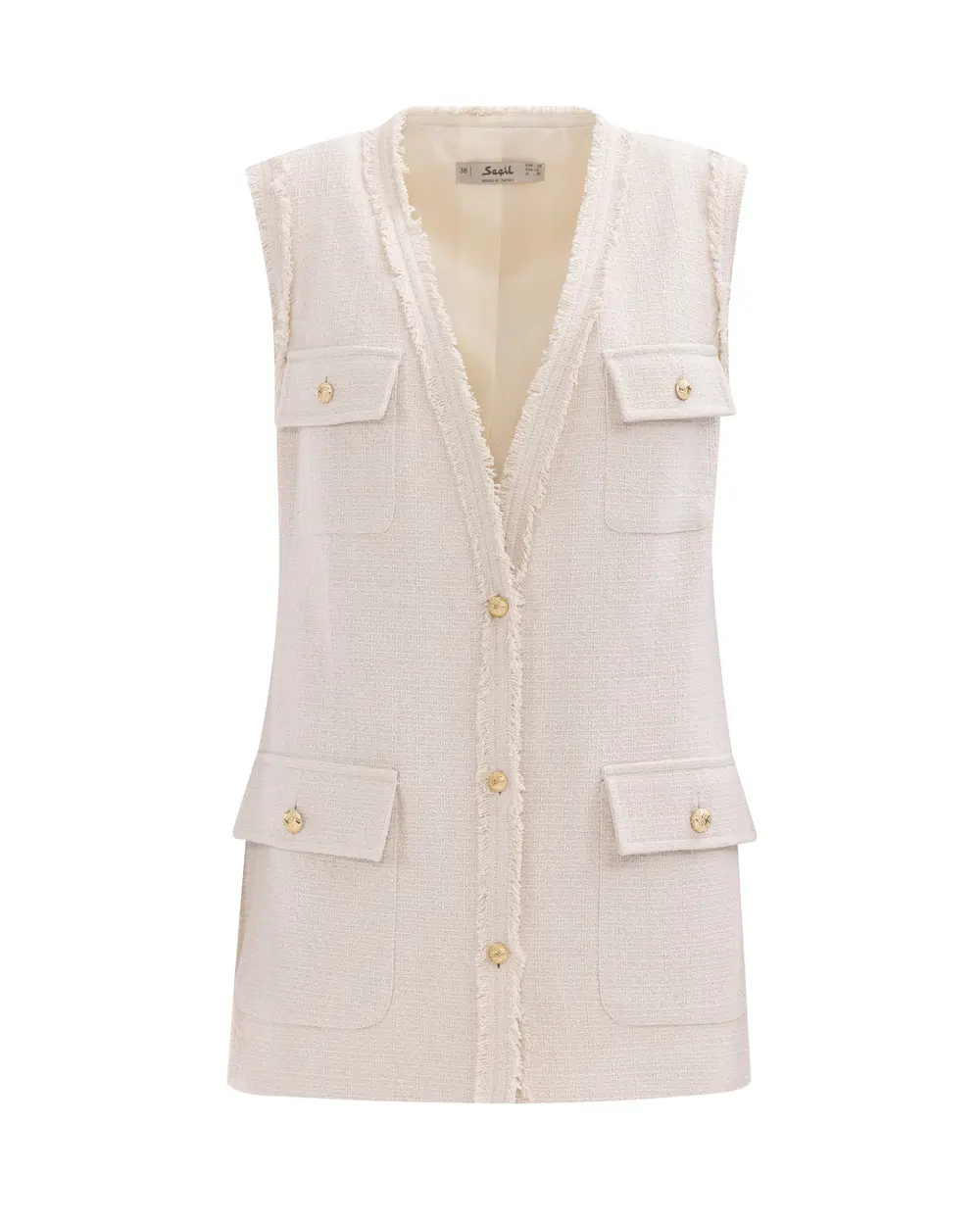 V-neck Buttoned Sleeveless Tweed Vest