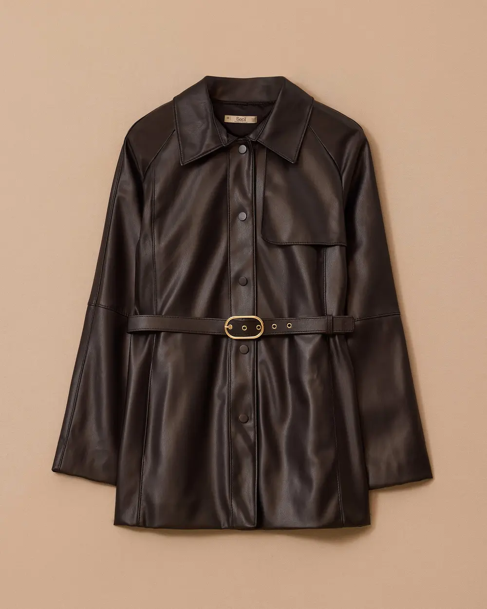 Kemerli Cepli Suni Deri Ceket