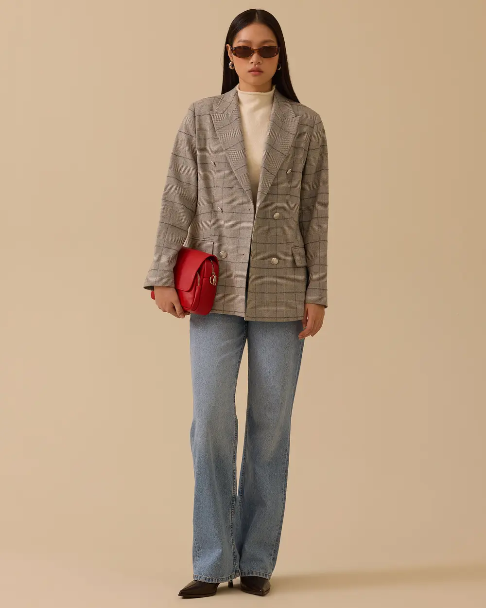 Kruvaze Yaka Ekose Desenli Ceket