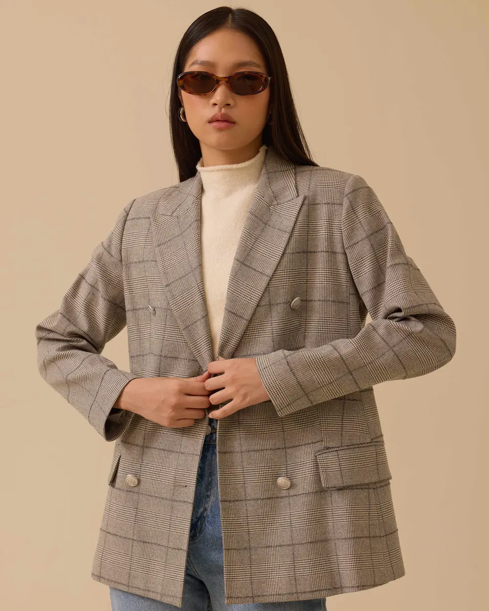 Kruvaze Yaka Ekose Desenli Ceket