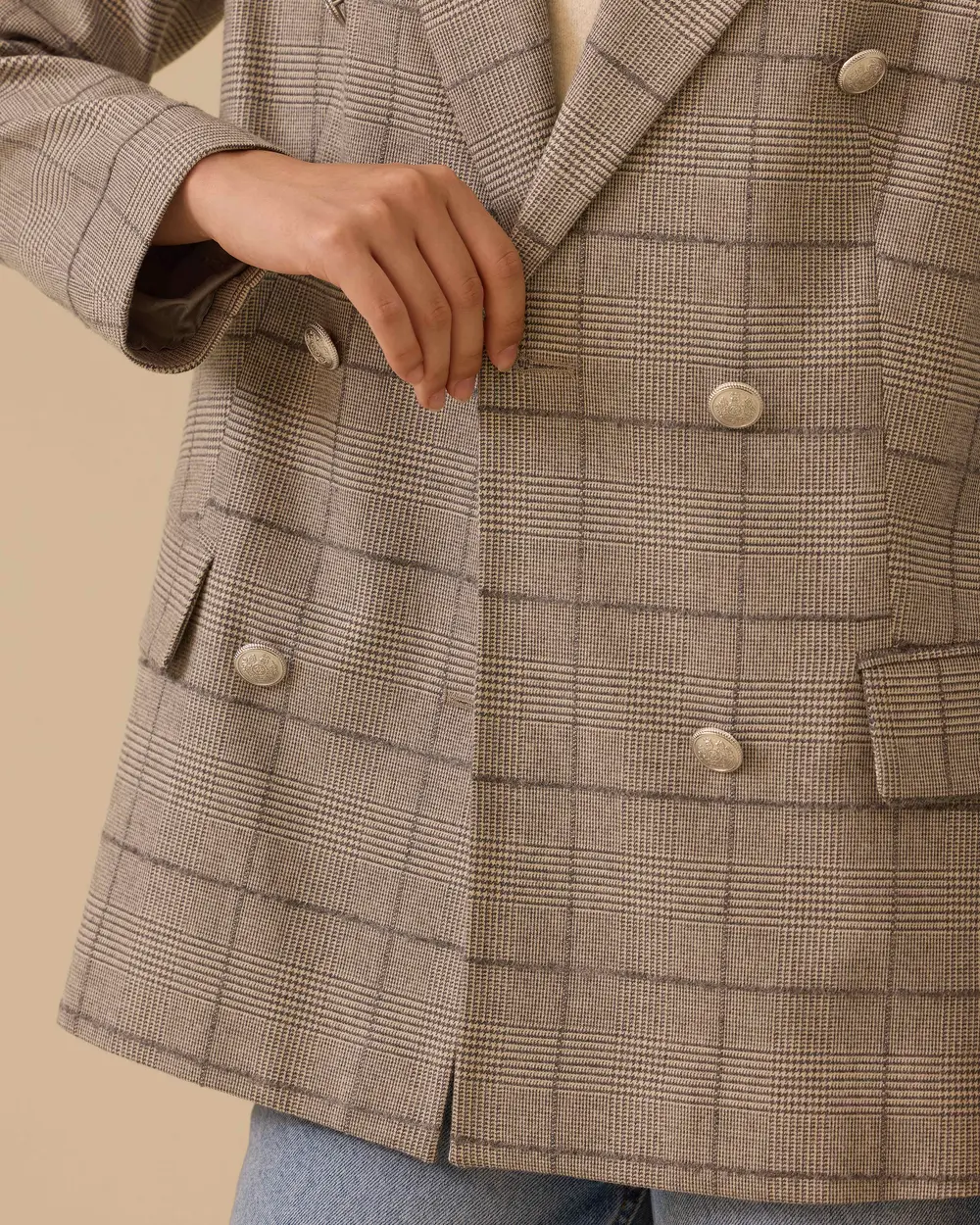 Kruvaze Yaka Ekose Desenli Ceket