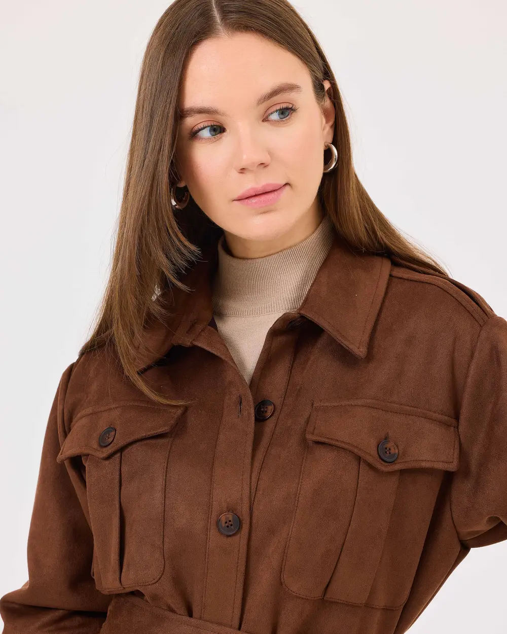 Belted Suede Jacket with Shirt Collar