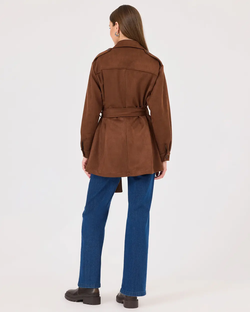 Belted Suede Jacket with Shirt Collar