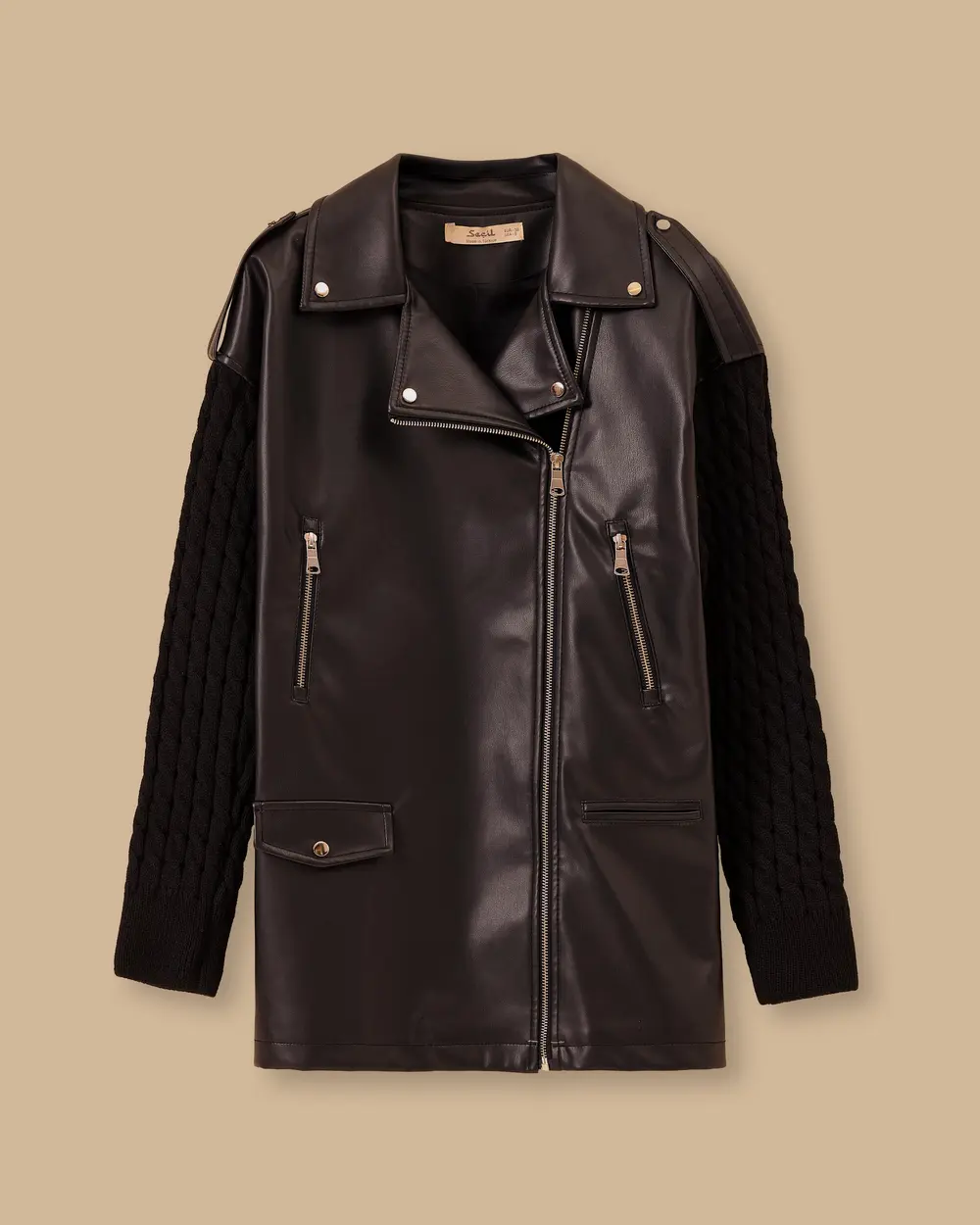 Çift Kumaşlı Cepli Fermuarlı Suni Deri Ceket