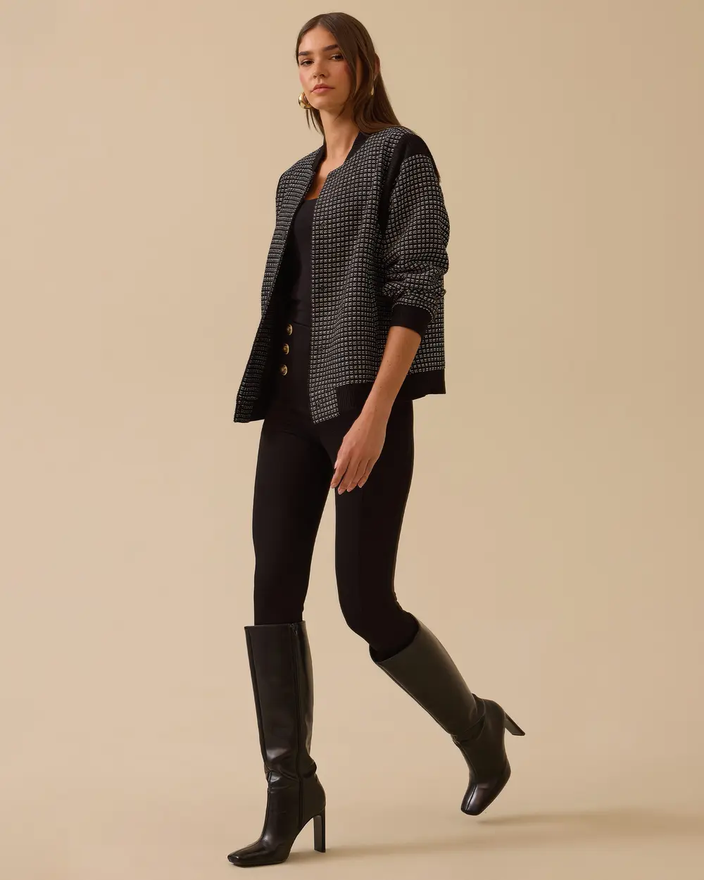 Checked Bomber Jacket with Snap Buttons