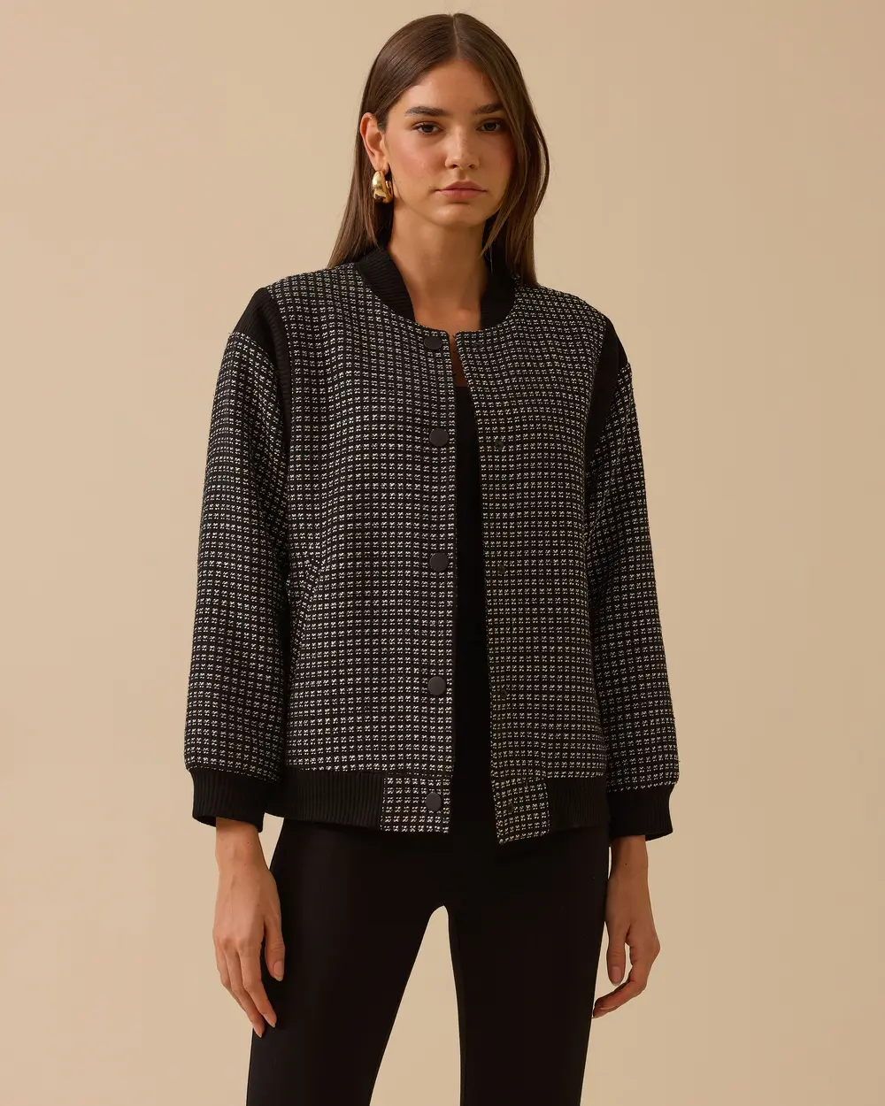 Checked Bomber Jacket with Snap Buttons