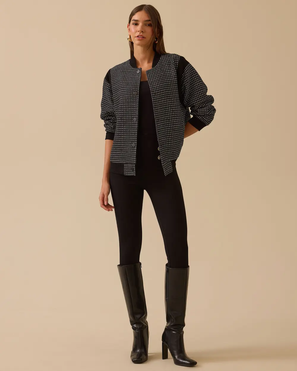 Checked Bomber Jacket with Snap Buttons