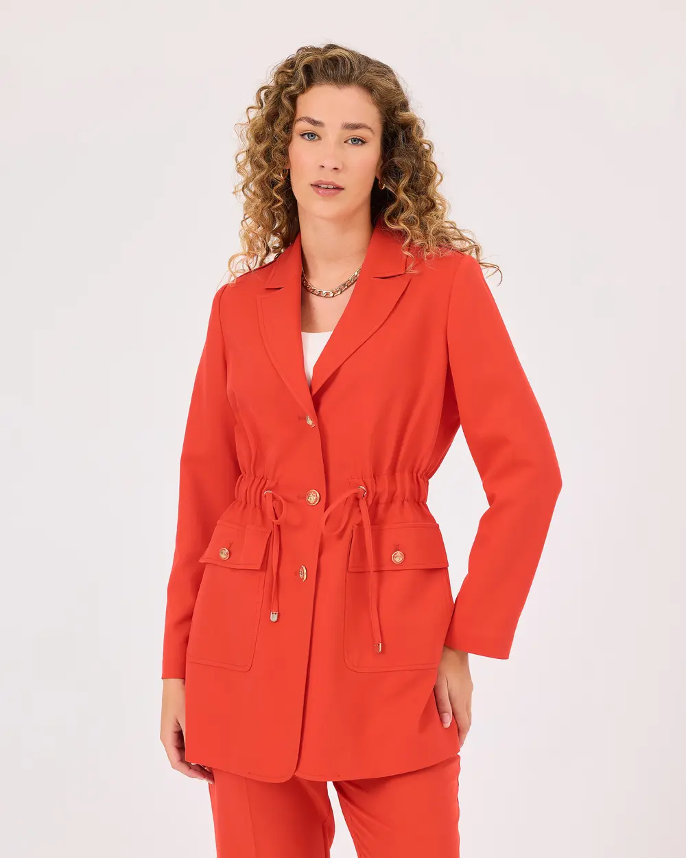 Drawstring Waist Buttoned Pocket Jacket