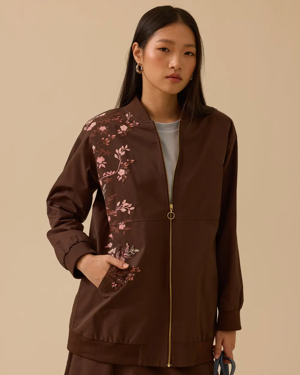 Printed Zipper Detailed Pocket Jacket