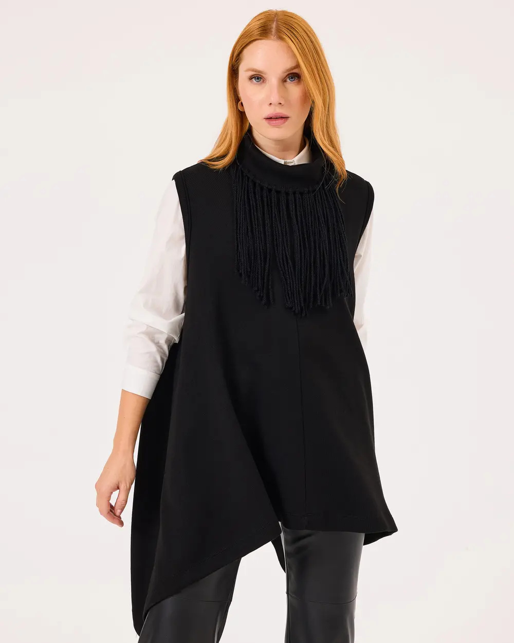 Sleeveless Asymmetric Sweater with Tassel Detail