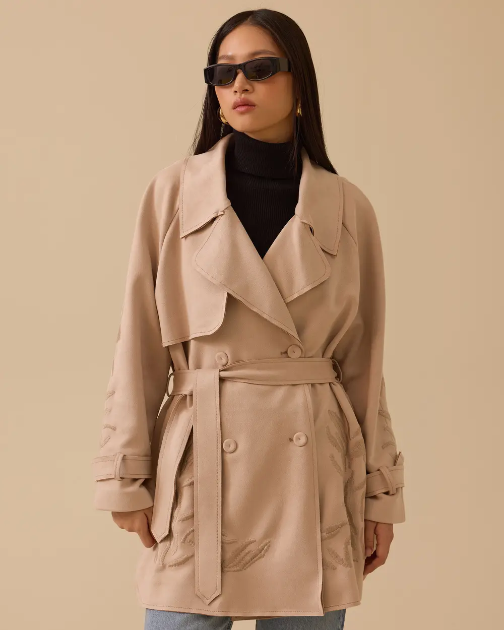 Patterned Double-breasted Collar Belted Jacket