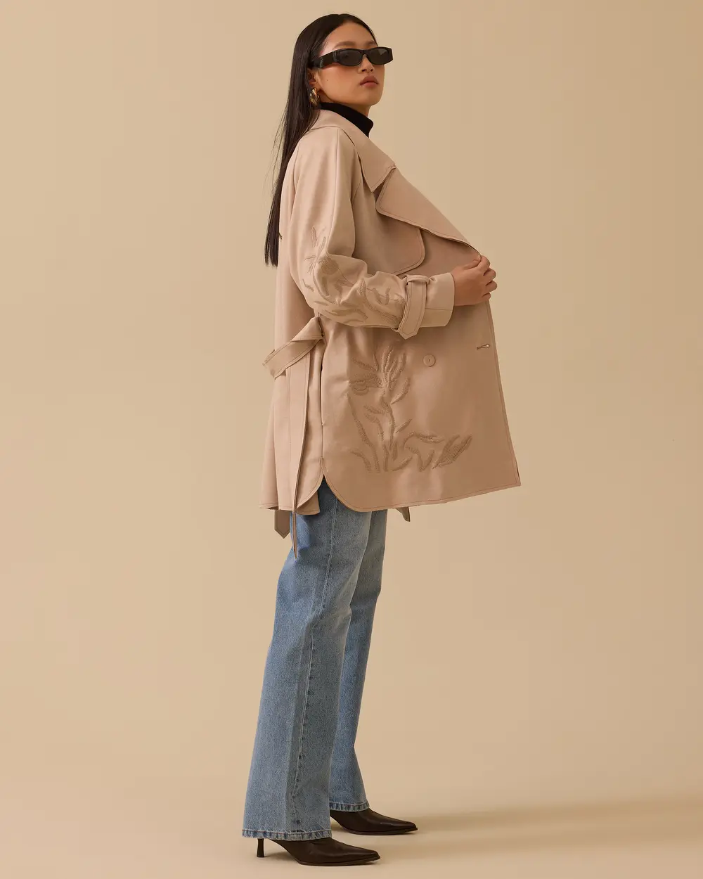 Patterned Double-breasted Collar Belted Jacket