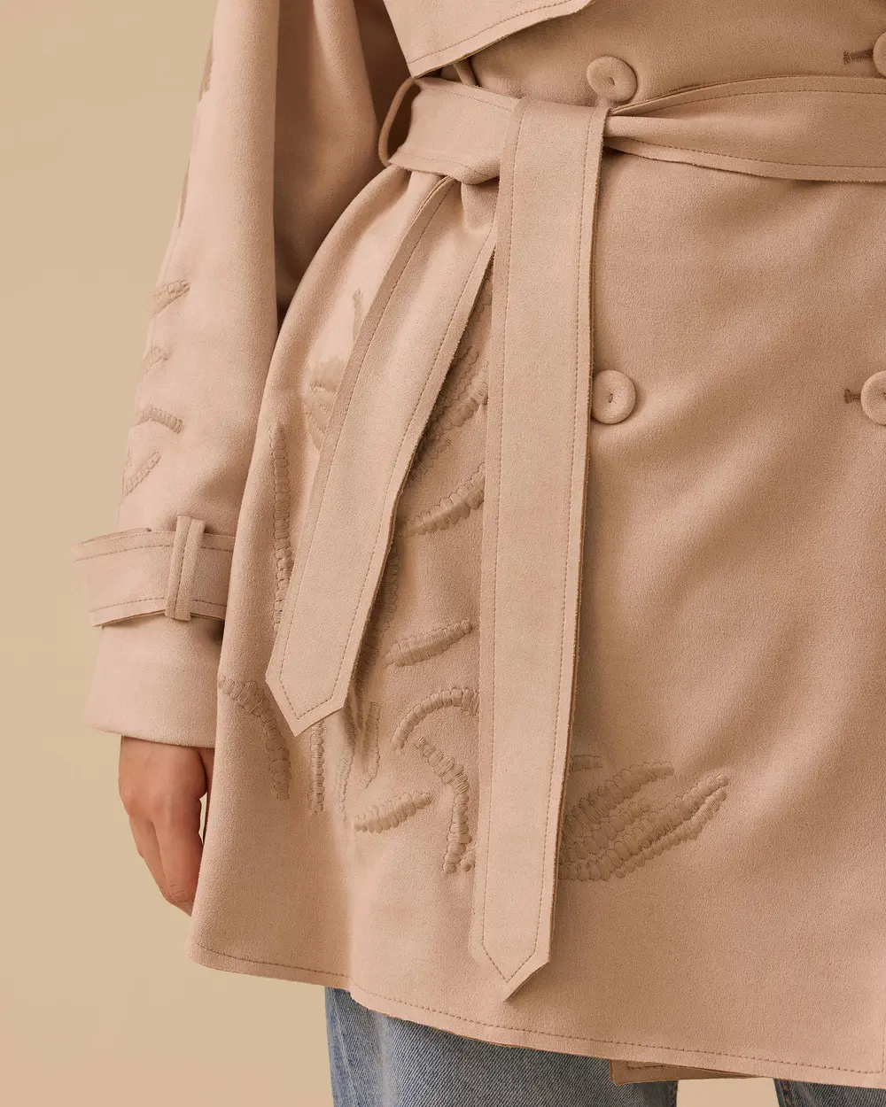 Patterned Double-breasted Collar Belted Jacket