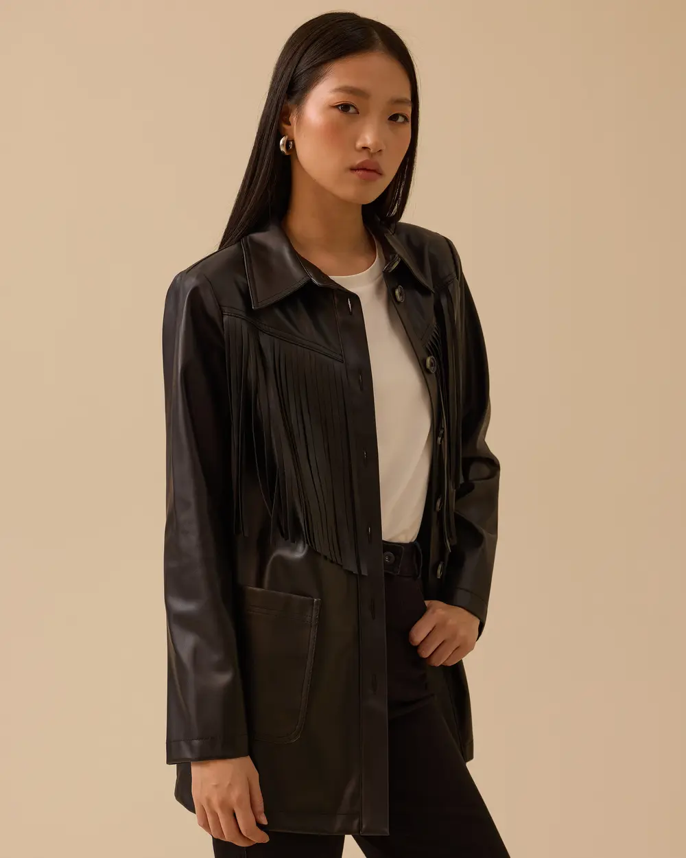 Püskül Detaylı Cepli Suni Deri Ceket