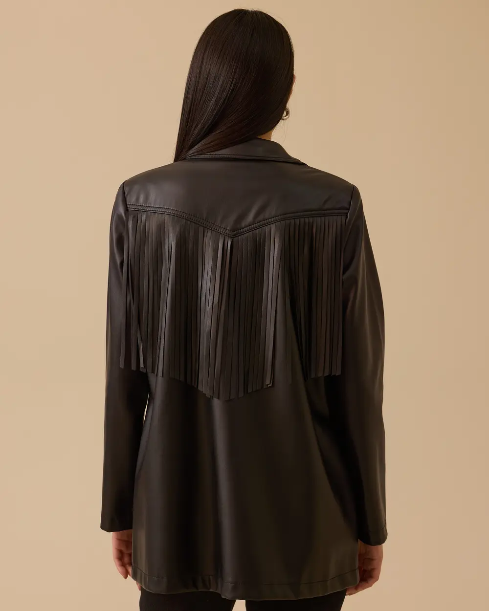 Püskül Detaylı Cepli Suni Deri Ceket