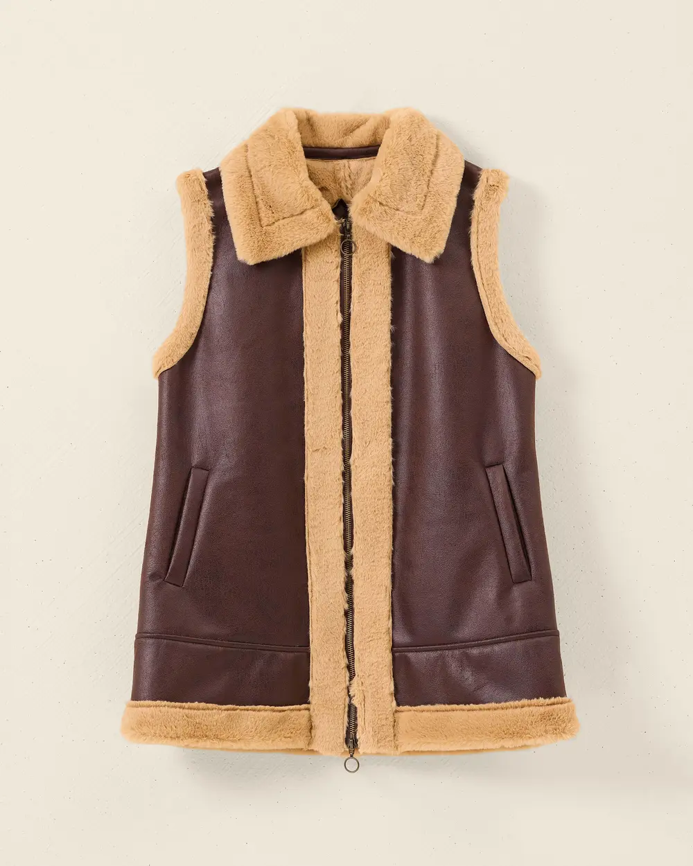 Zippered Faux Leather Vest with Plush Detail