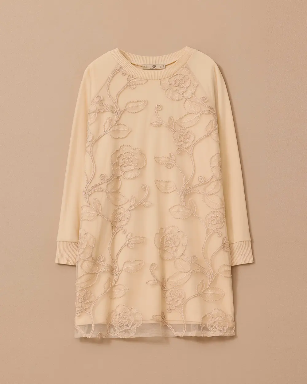 Embroidered Tulle Detailed Crew-Neck Tunic