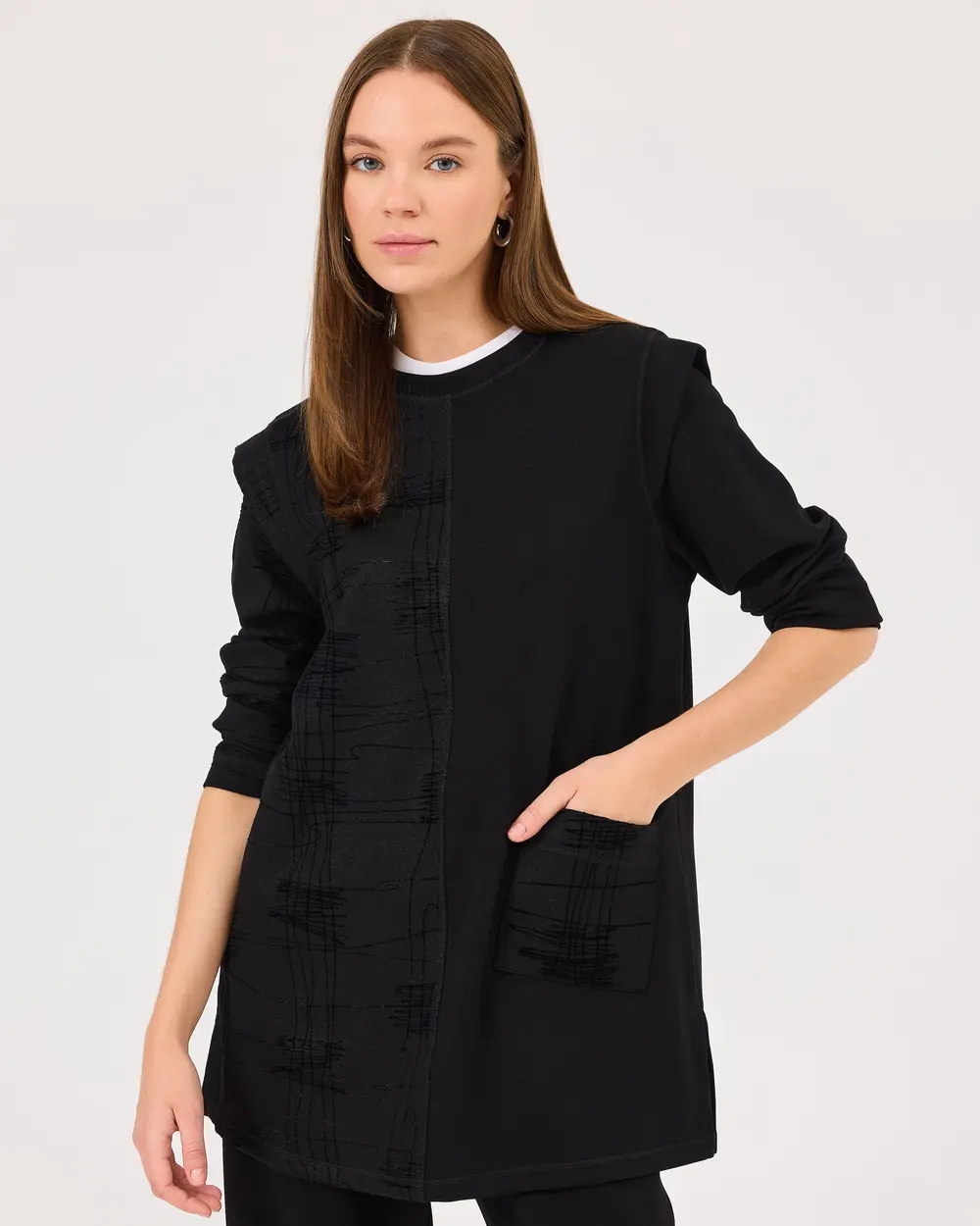 Long Sleeve Tunic with Shiny Textured Pocket Detail