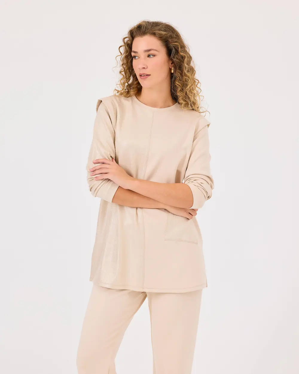 Long Sleeve Tunic with Shiny Textured Pocket Detail