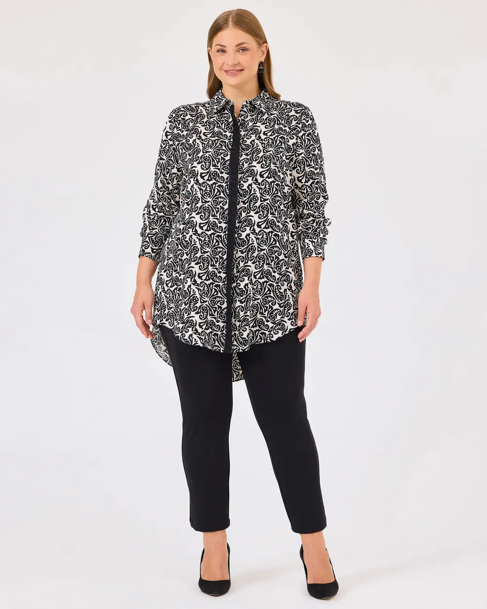 Plus Size Shirt Collar Patterned Tunic