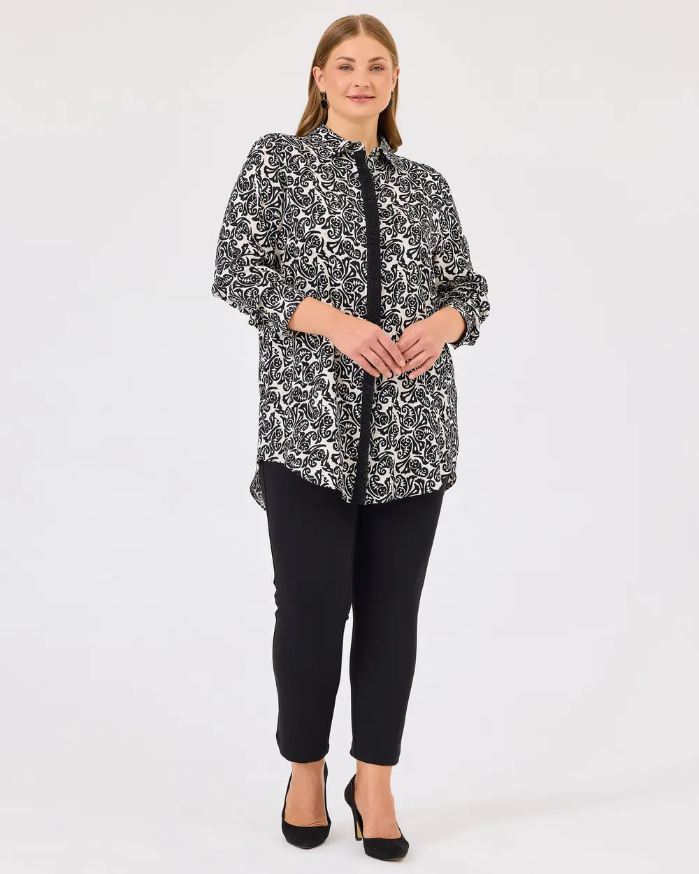 Plus Size Shirt Collar Patterned Tunic