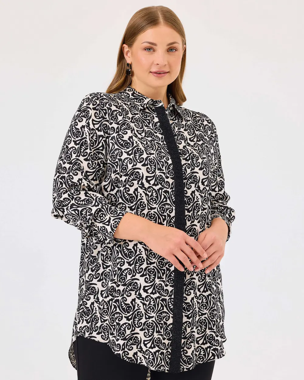 Plus Size Shirt Collar Patterned Tunic