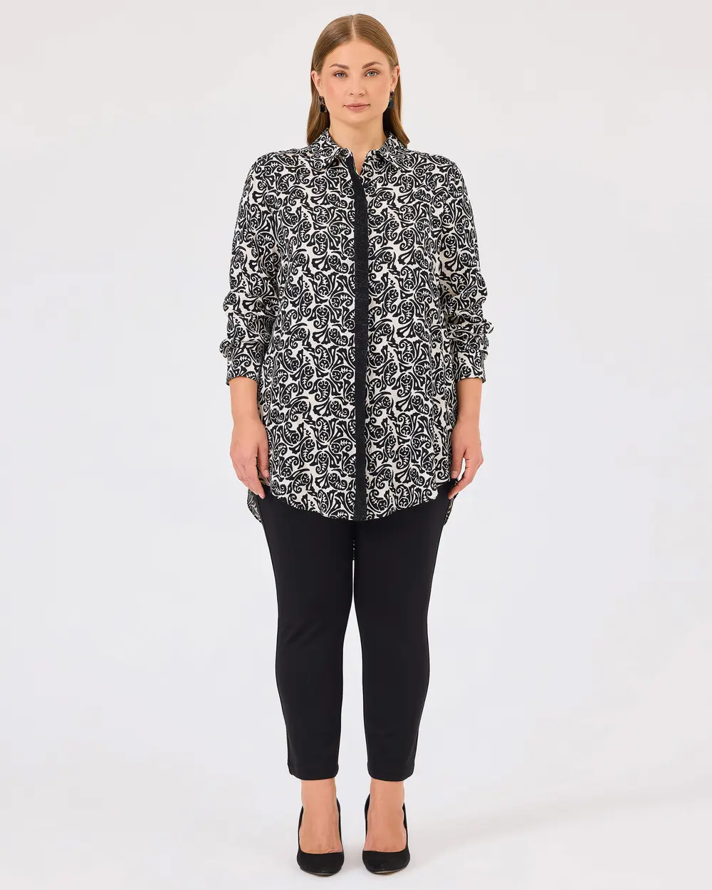 Plus Size Shirt Collar Patterned Tunic