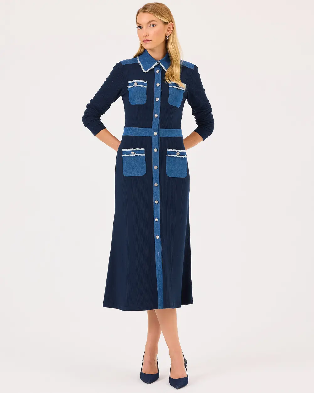 Double Fabric Shirt Collar Buttoned Dress